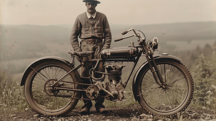 Foto motocicletta retrò e motociclista in natura foto vintage del proprietario di una motocicletta antica