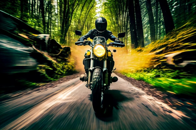 Motocicletta Scrambler moderna su foresta realizzata con Generative Ai