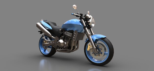 Motocicletta sportiva blu a due posti su sfondo grigio 3d'illustrazione