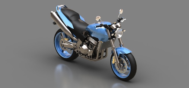 Motocicletta sportiva blu a due posti su sfondo grigio 3d'illustrazione