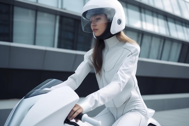 Motociclista ai generativo ragazza con casco in sella a una moto scifi all'aperto città