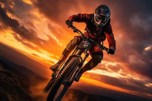 Motociclista BMX ad alta quota contro un tramonto drammatico