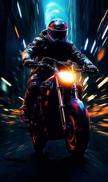Motociclista che guida una motocicletta con luci al neon su uno sfondo scuro