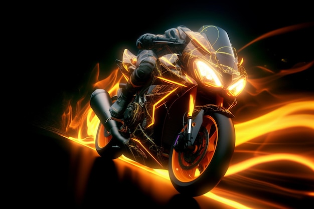 Motociclista con casco con una moto in fiamme rendering 3D