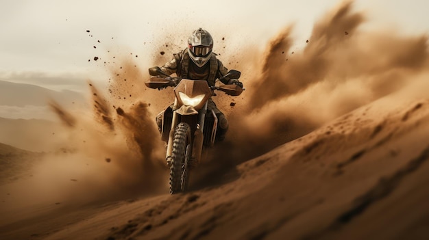 Motociclista di motocross che accelera in pista di polvere motocicletta di motocross in una gara che rappresenta il concetto di spe