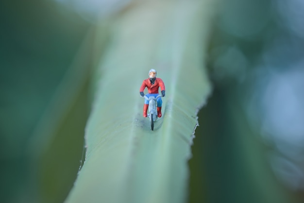 motociclista in miniatura su foglia