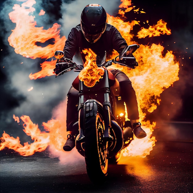 Motociclista in sella a una moto classica su un elicottero epico o una moto scrambler