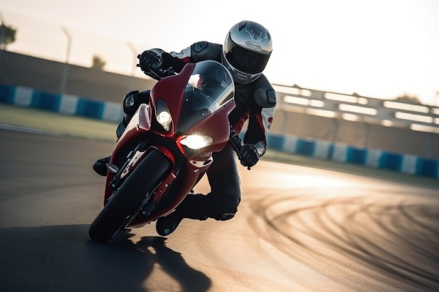 Motociclista su moto sportiva corre veloce in pista al tramonto Atleta estremo Sport Motorcycles Racing AI Generated