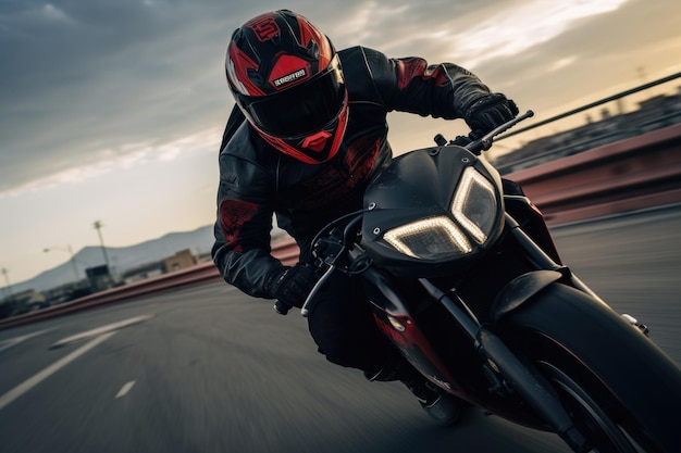 Motociclista su strada Motocicletta sportiva Motocross Un uomo che indossa un casco e guida una moto AI generata