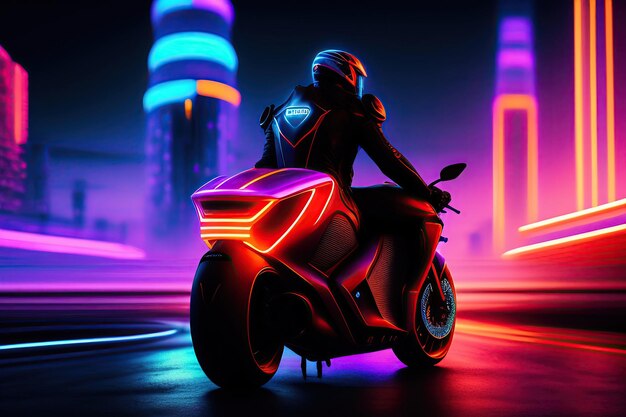 Motociclista su una moto futuristica Città futuristica serale sullo sfondo Carta da parati futura urbana al neon