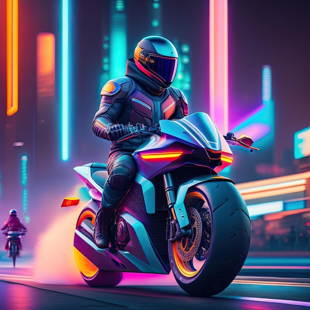 Motociclista su una motocicletta futuristica Città futuristica serale sullo sfondo Futuro urbano al neon Wallpap