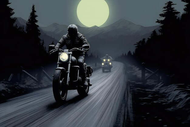 Motociclista sulla strada in montagna di notte con la luna piena