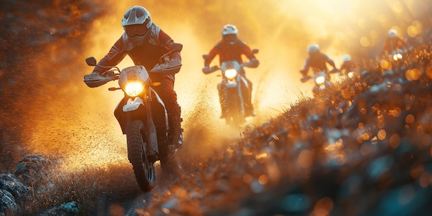 motociclisti motociclisti di enduro motociclette sportive in offroad rally corsa in natura al tramonto
