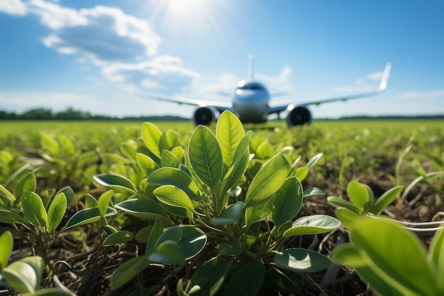 Motore a reazione con simbolo di foglia verde combustibile rinnovabile ecologico nell'aviazione moderna