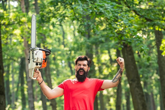 Motosega falegnami boscaiolo boscaiolo lavoratore con motosega nella foresta logging