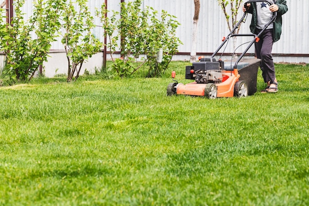 Motosega su erba verde in una giornata di sole Motosega su erba verde in un giardino moderno