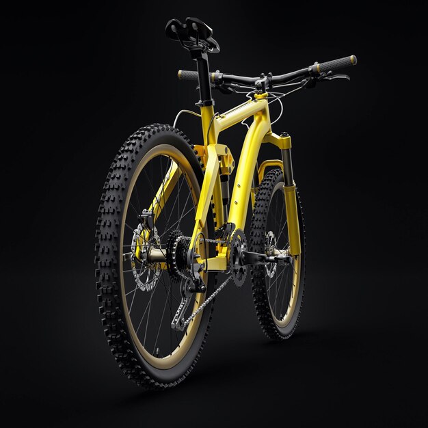 Mountain bike gialla su sfondo nero isolato rendering 3d