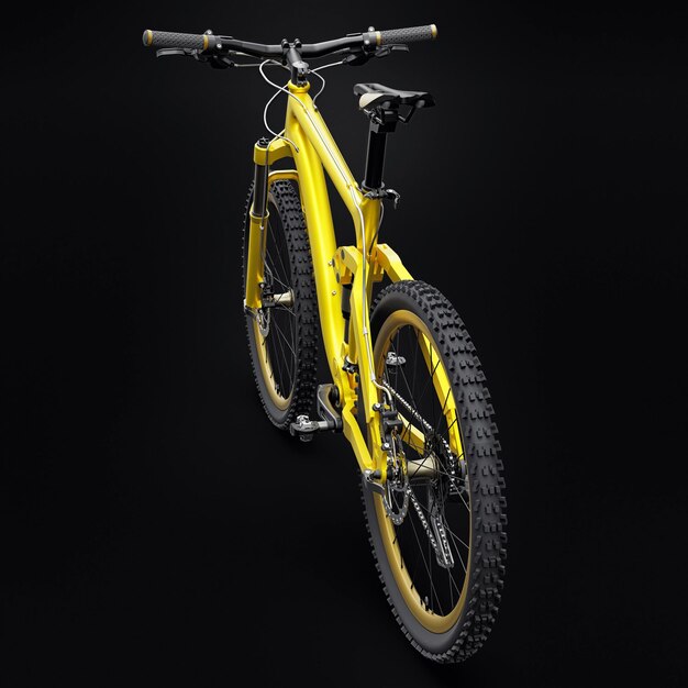 Mountain bike gialla su sfondo nero isolato rendering 3d