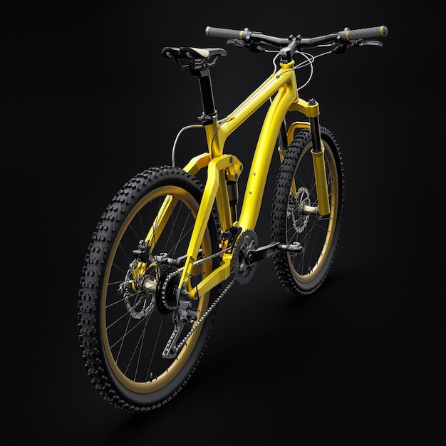 Mountain bike gialla su sfondo nero isolato rendering 3d