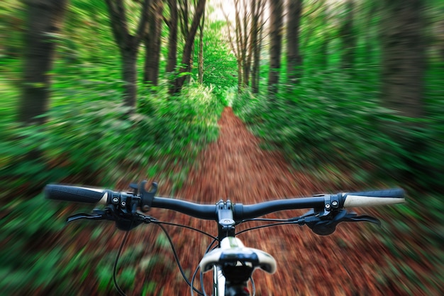 Mountain bike in discesa scendendo veloce in bicicletta.