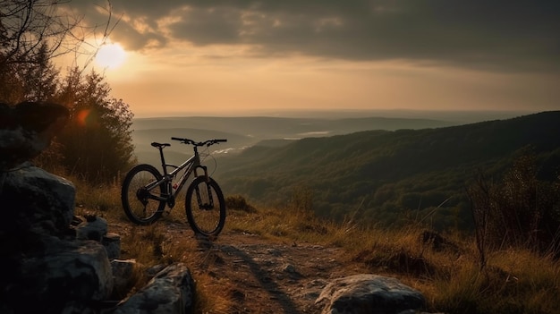 Mountain bike su un sentiero nei Carpazi al tramonto ai generativo