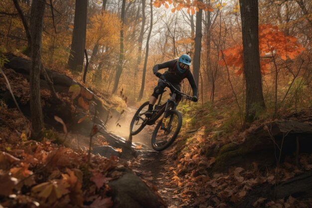 Mountain biker che percorre sentieri tecnici con curve e tornanti creati con l'intelligenza artificiale generativa