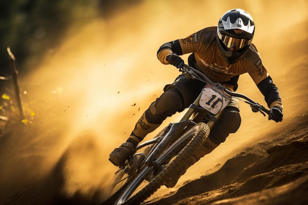 mountain biker che scende da una collina ripida ad alta velocità