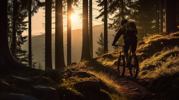 Mountain biker sul sentiero nel bosco al tramonto Illustrazione AI generativa