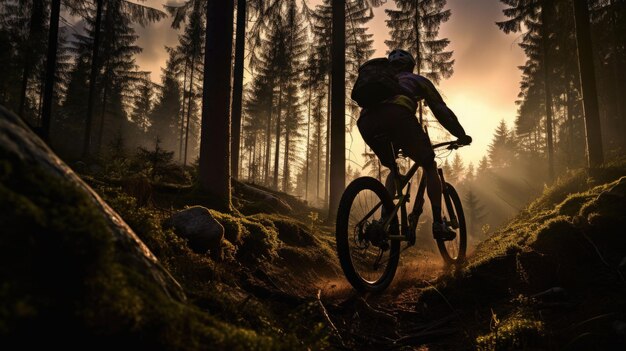 Mountain biker sul sentiero nel bosco al tramonto Illustrazione AI generativa