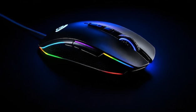 Mouse da gioco nero con illuminazione RGB multicolore su uno sfondo scuro