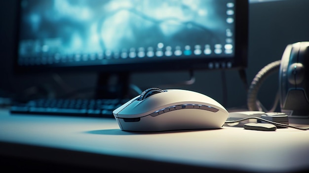 Mouse del computer sul tavolo davanti al monitorgenerativo del computer ai