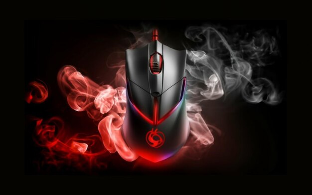 Mouse in stile Gamer in nero con LED e sfondo di fumo colorato che dà un effetto mistero