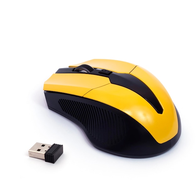 Mouse per computer wireless giallo con trasmettitore radio