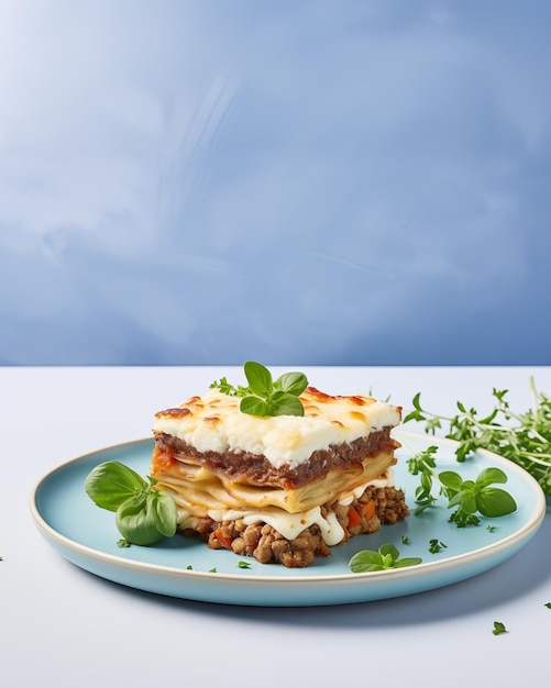 Moussaka greca sul piatto sullo sfondo blu