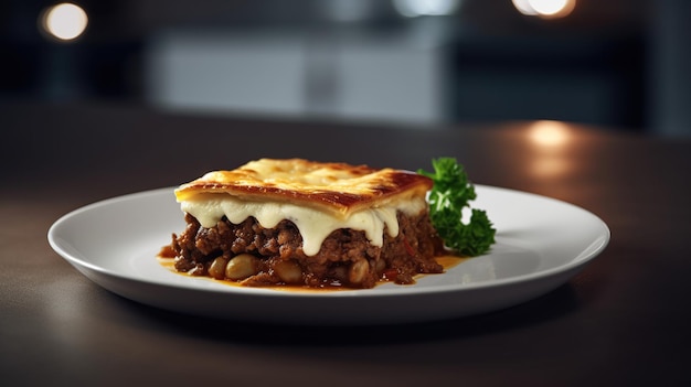 Moussaka in un piatto bianco su un tavolo in un ristorante