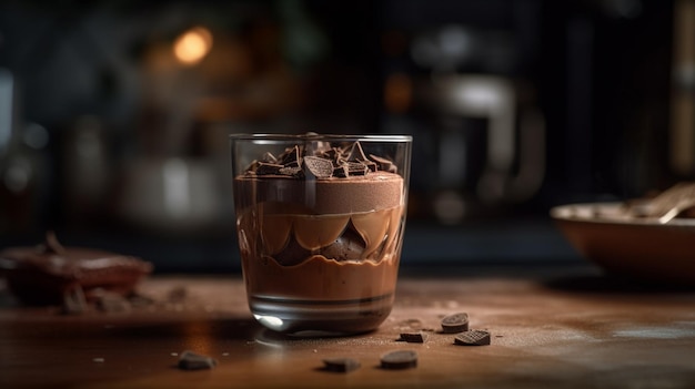 Mousse al cioccolato con lamponi e mirtilli su fondo nero ai generativo