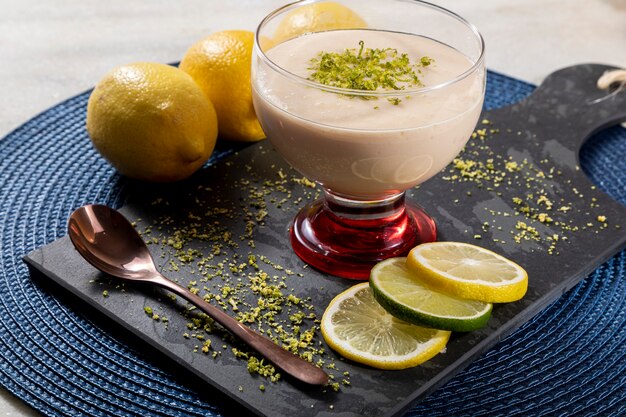 Mousse al limone in coppa di cristallo con scorza di limone.