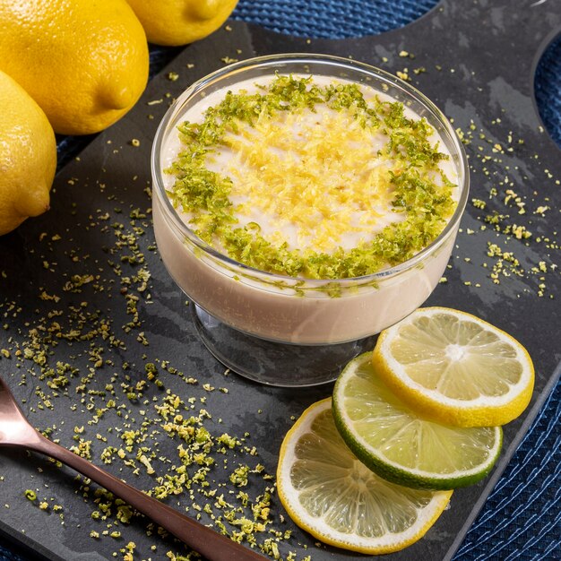 Mousse al limone in coppa di cristallo con scorza di limone.