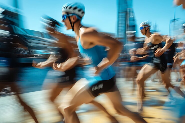 Foto movimenti sfocati degli atleti che corrono in un triathlon