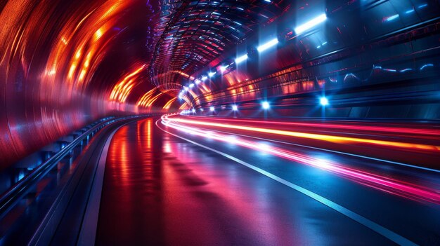 Movimento astratto in un tunnel autostradale urbano sfocato verso la luce Illustrazione colorata generata dal computer Tracce luminose Sfondio della tecnologia della fibra ottica