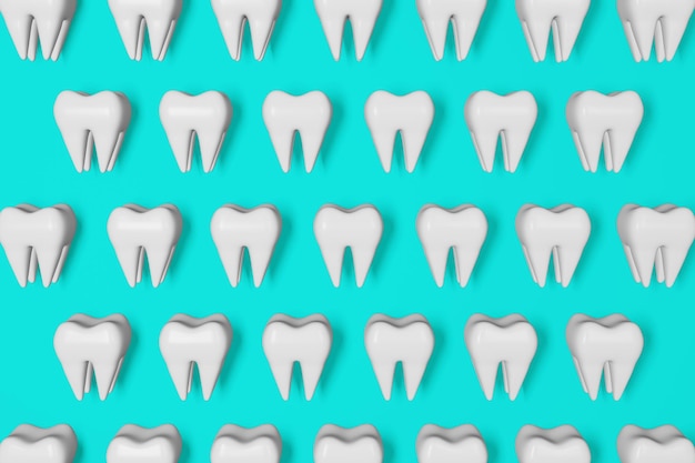 Movimento dei denti bianchi sani Modello di rendering 3D su sfondo blu Giornata nazionale del dentista Modello anatomico del dente molare digitale Estrazione dei denti del giudizio Recupero di cure orali Banner della clinica di assicurazione dentale