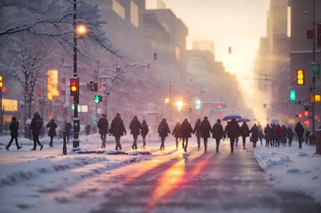 movimento della neve Scena di strada cittadina sfocata Persone che attraversano ai generative