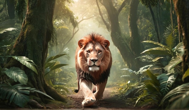 Movimento di un leone nella giungla della foresta visto dalla vista frontale del fiume con la Giornata mondiale della fauna selvatica