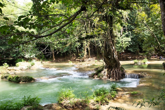 Movimento e flusso d'acqua alle piccole cascate di Chet Sao Noi o al Parco Nazionale di Namtok Chet Sao Noi nel distretto di Muak Lek nella provincia di Saraburi in Thailandia