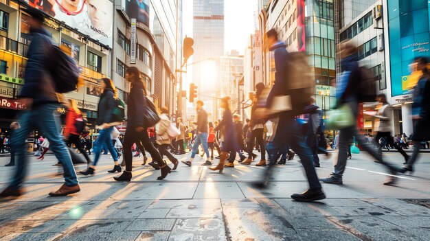 Movimento sfocato di persone che attraversano una strada trafficata della città durante il giorno con il sole che splende brillantemente sullo sfondo