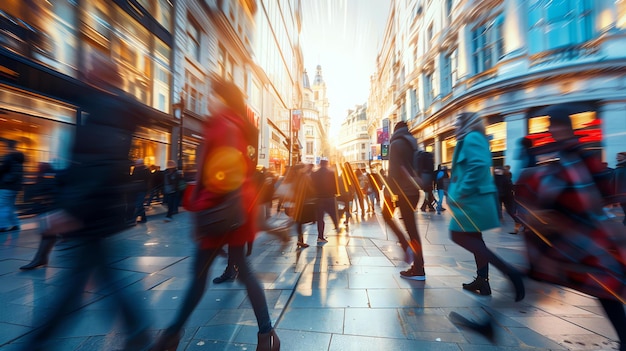 Movimento sfocato di persone che attraversano una trafficata strada commerciale con la luce solare che si riflette sugli edifici