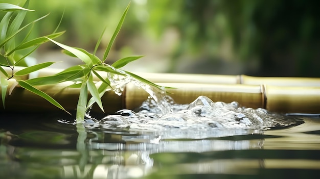 Movimento super lento del flusso d'acqua che perde dal bambù