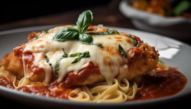 Mozzarella che si scioglie sopra un piatto di pasta al forno fatto in casa generato dall'intelligenza artificiale