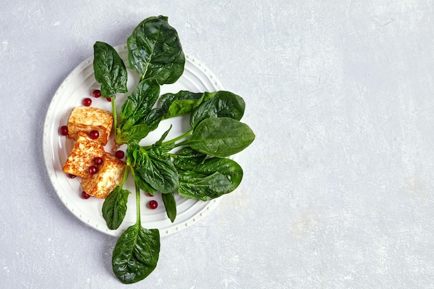 Mozzarella di ricotta fritta halloumi con spinaci verdi e mirtilli rossi su un tavolo di cemento grigio