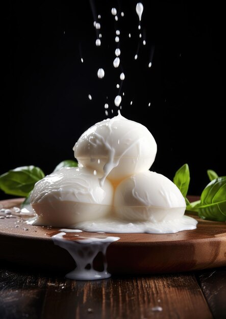 Mozzarella fresca sul tavolo di legno con gocce d'acqua Generative Ai